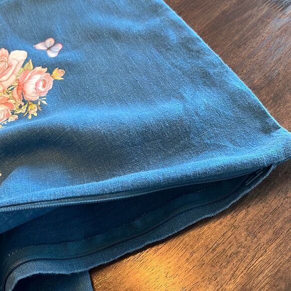 IKEA Blue Upcycled Pillow Covers w/ Floral Transfers w/ Zipper Closure- 2 pcs. - Picture 7 of 11